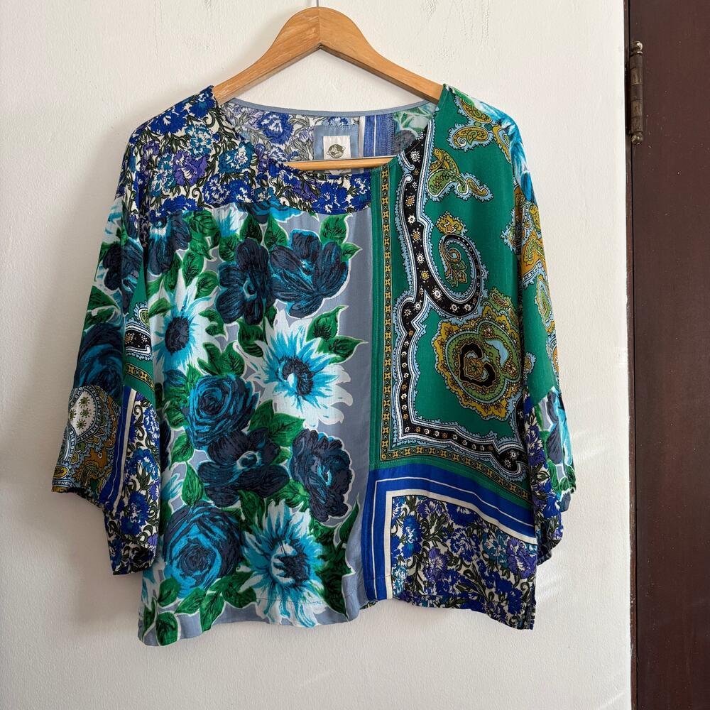 TINY | Anthropologie Ellery Blue Green Mixed Pattern Patchwork Boxy Blouse Small